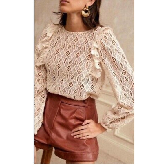 Sezane Tops - NWT Sezane Salina Long sleeves Round Neck Guipure Blouse Cream Women's Size 40